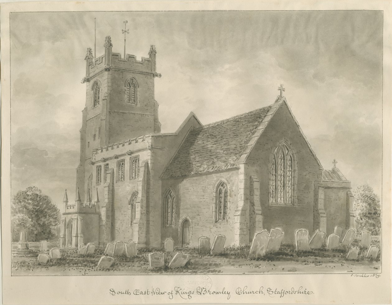 Kings Bromley Church: desenho em sépia, 1839 de John Buckler