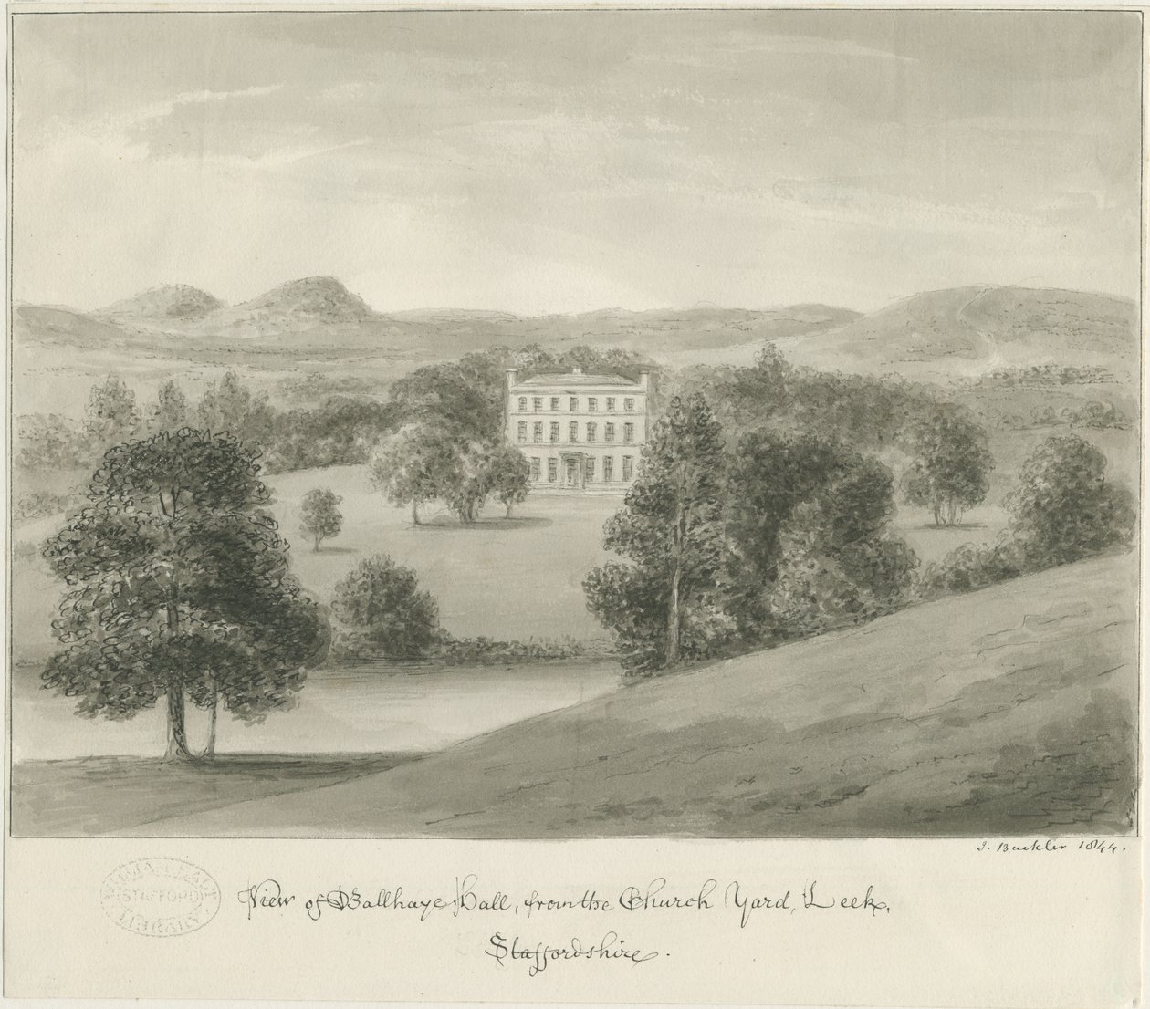 Leek - Ball Haye Hall: desenho sépia, 1844 de John Buckler