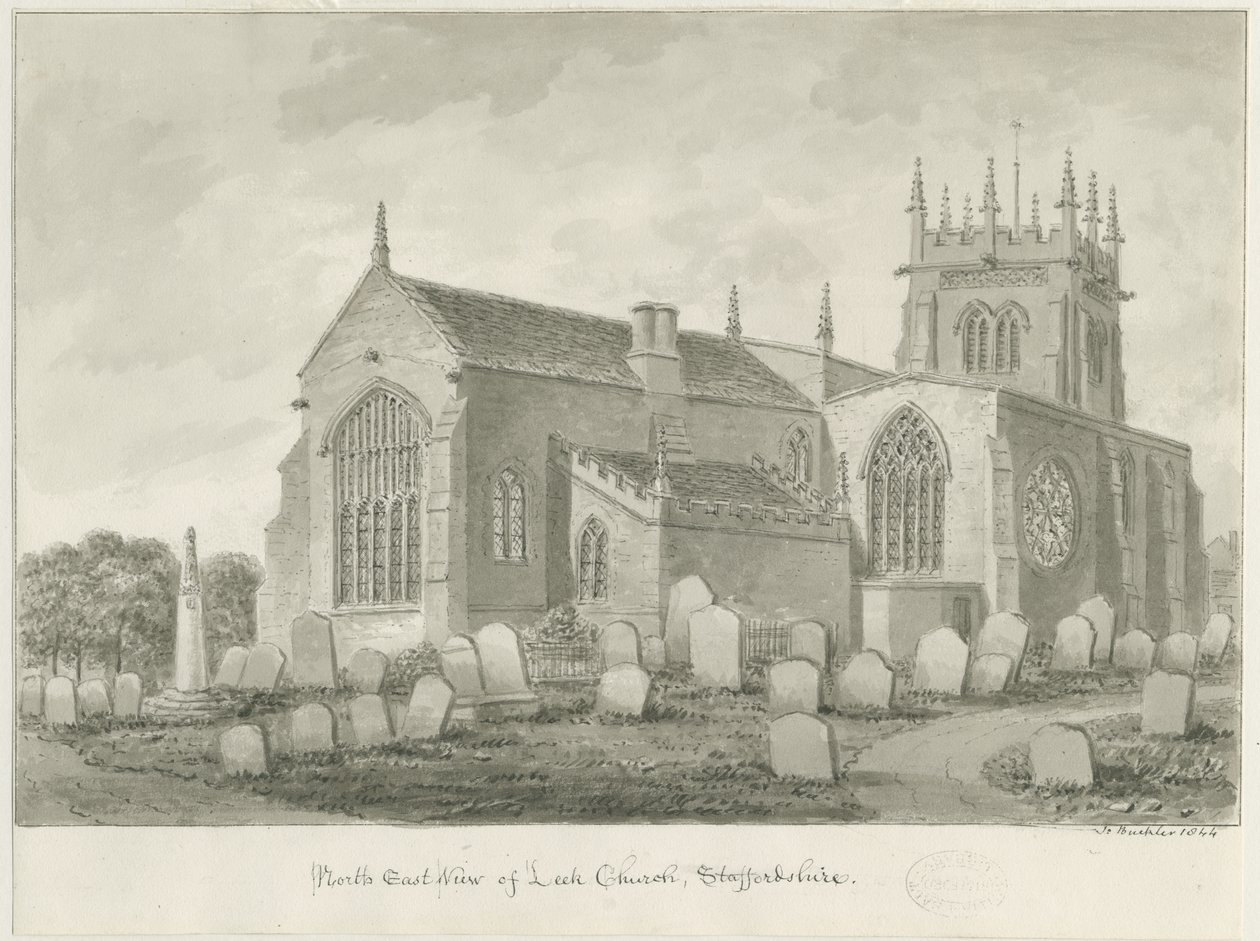 Igreja Leek: desenho em sépia, 1844 de John Buckler