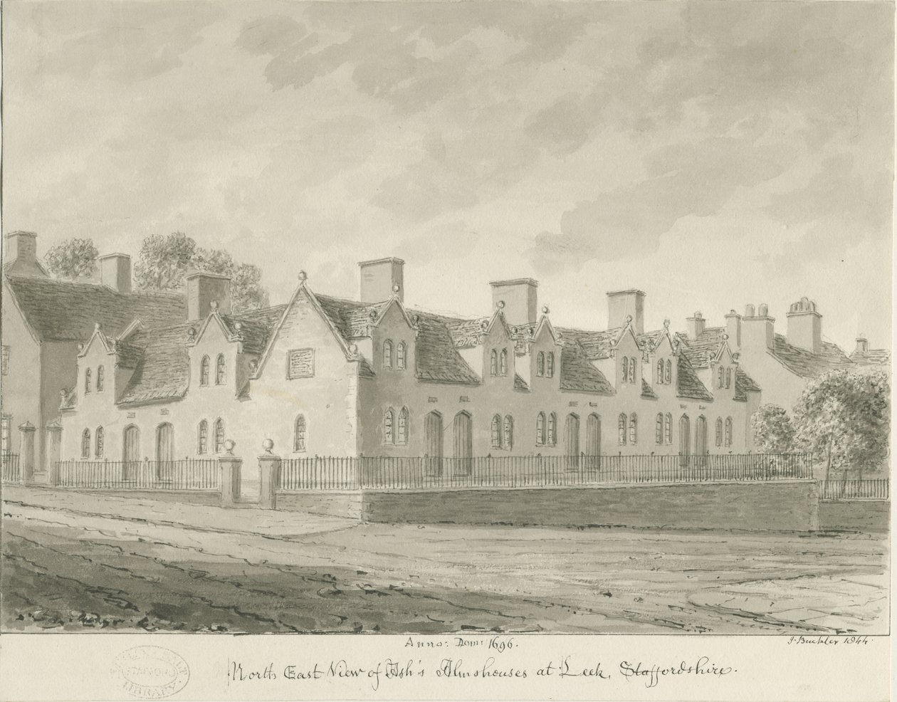 Leek Town - "Ash" s Almshouses ": desenho sépia, 1844 de John Buckler