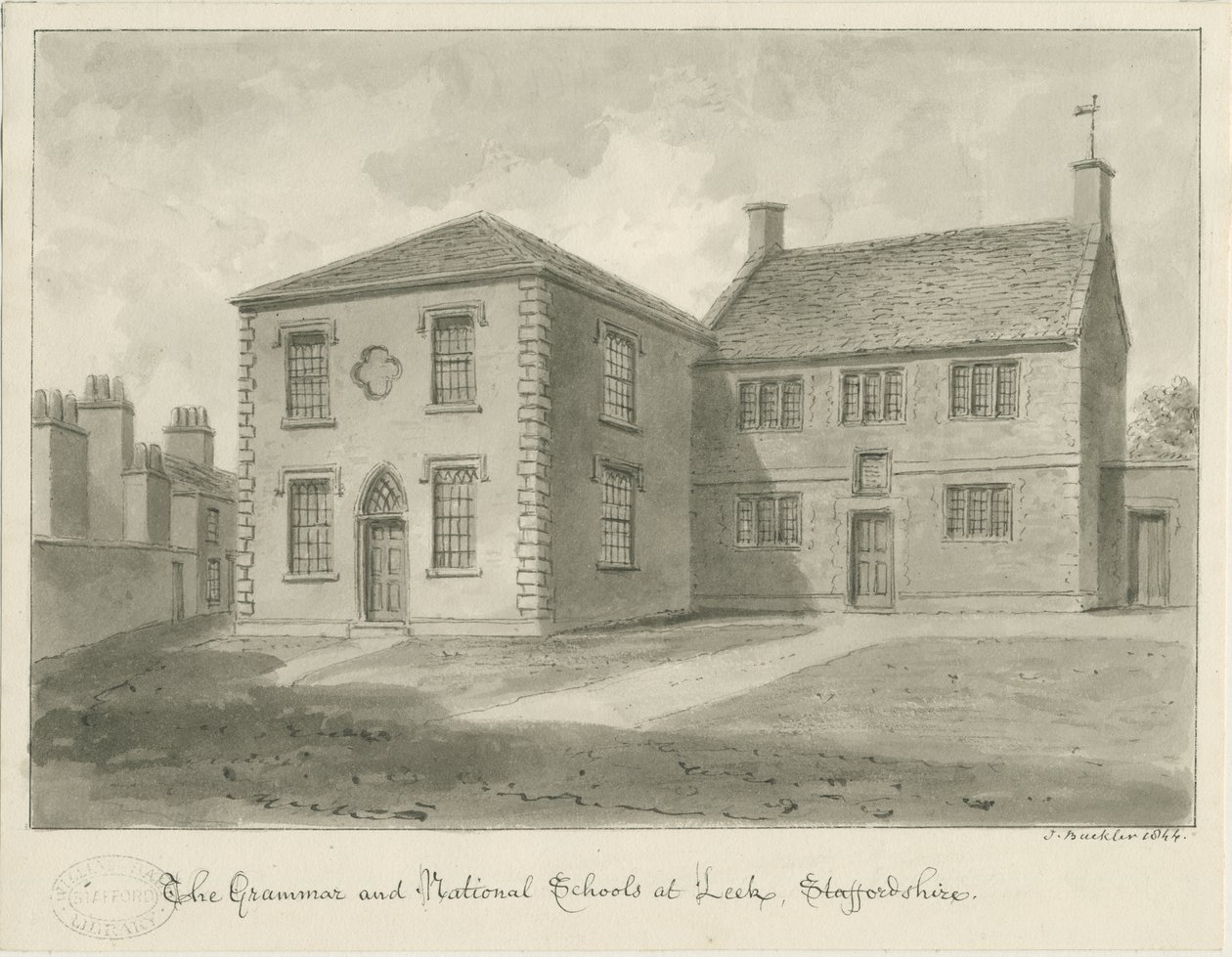 Leek Town - Grammar School: desenho em sépia, 1844 de John Buckler