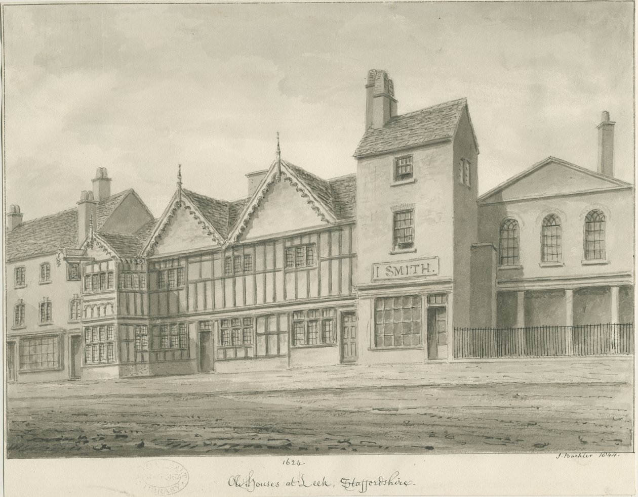 Leek Town - Casas Antigas: desenho em sépia, 1844 de John Buckler