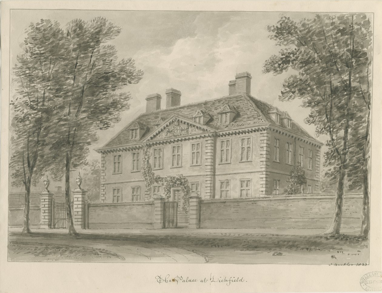 Lichfield - Palácio do Bispo em The Close: desenho sépia de John Buckler