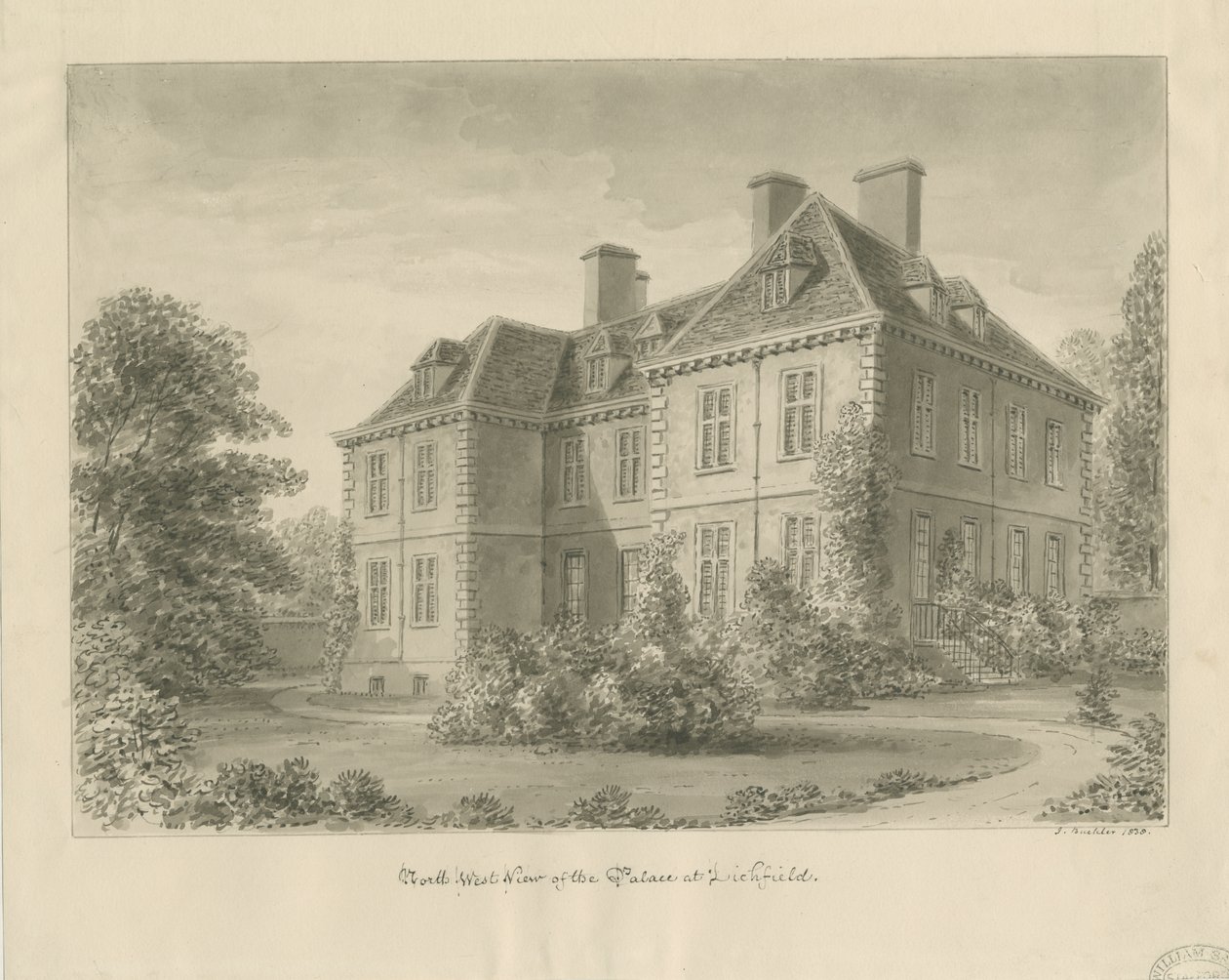 Lichfield - Palácio do Bispo em The Close: desenho sépia de John Buckler