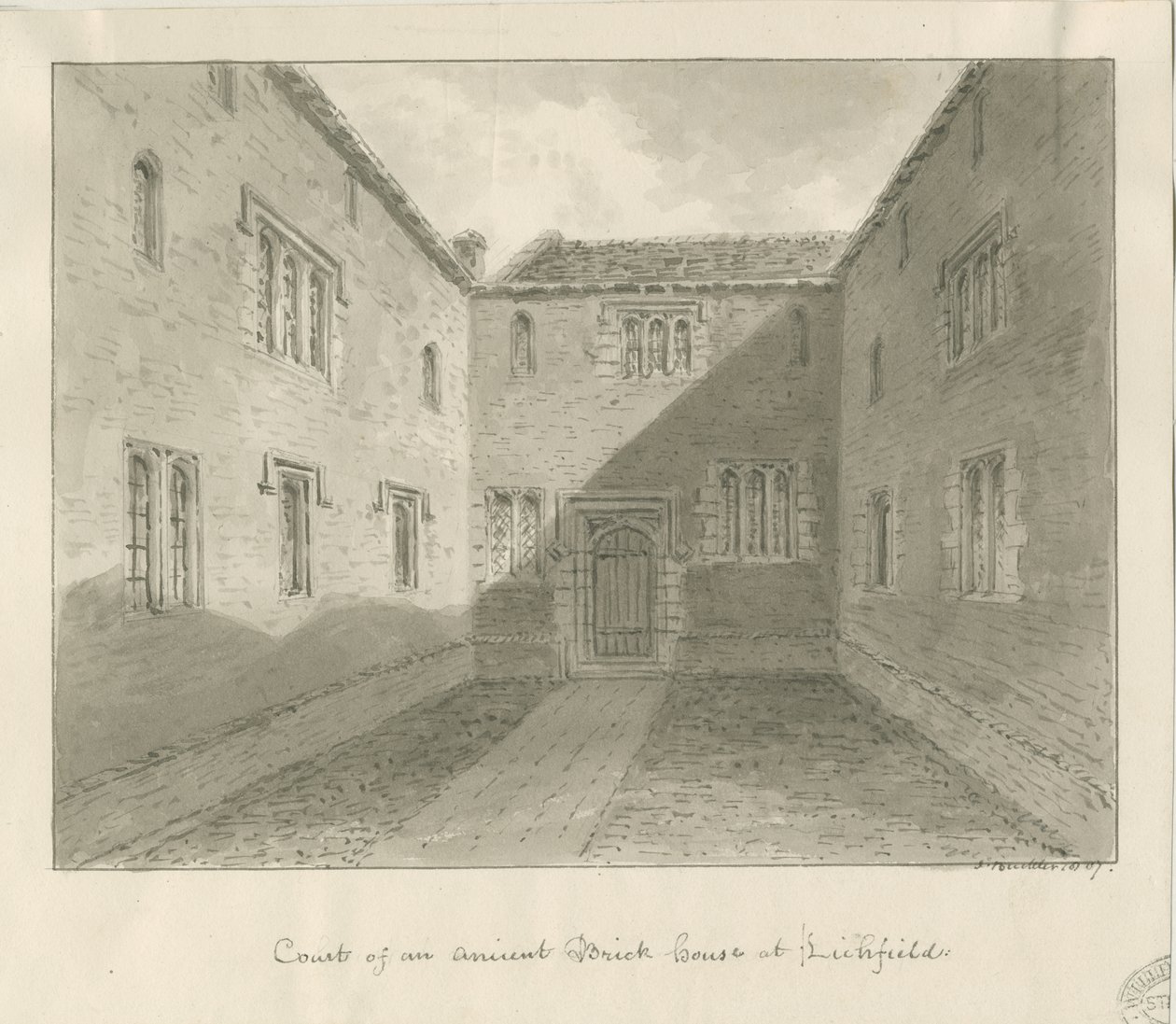 Lichfield - Court Yard of Old House in The Close: desenho sépia de John Buckler