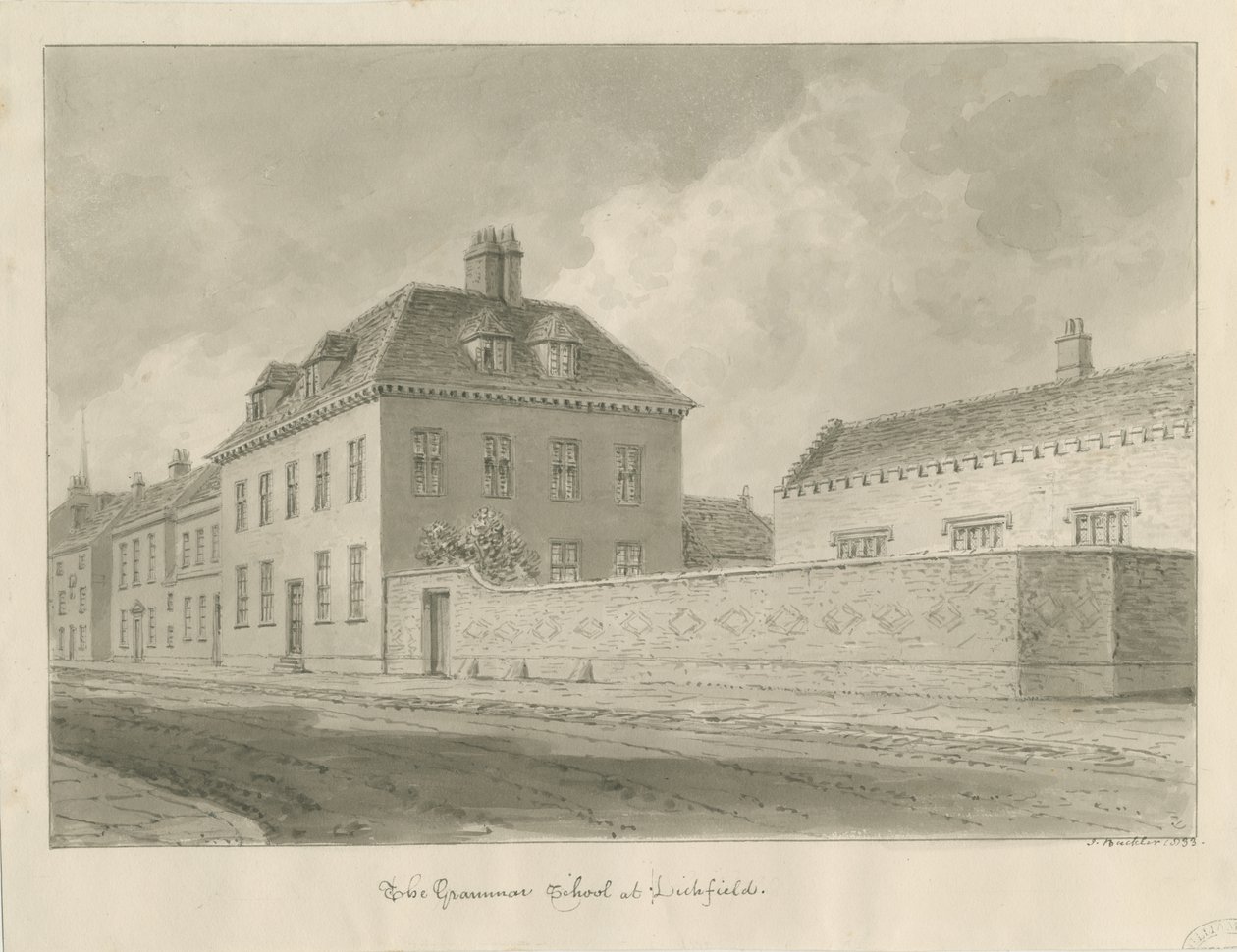 Lichfield - Escola de Gramática: desenho sépia de John Buckler