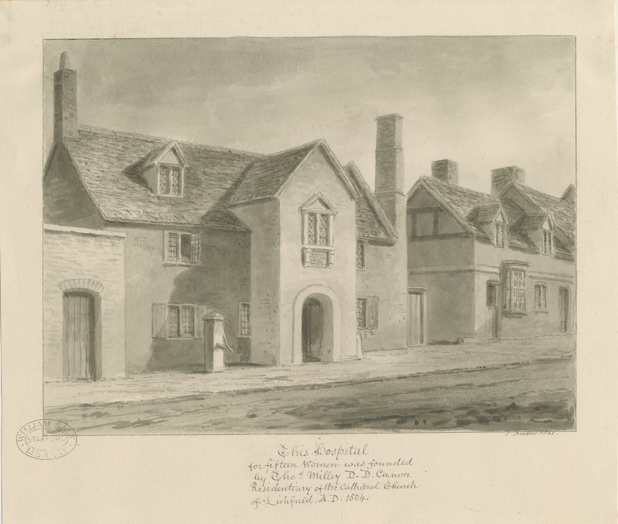 Lichfield - Hospital para Mulheres: desenho sépia de John Buckler