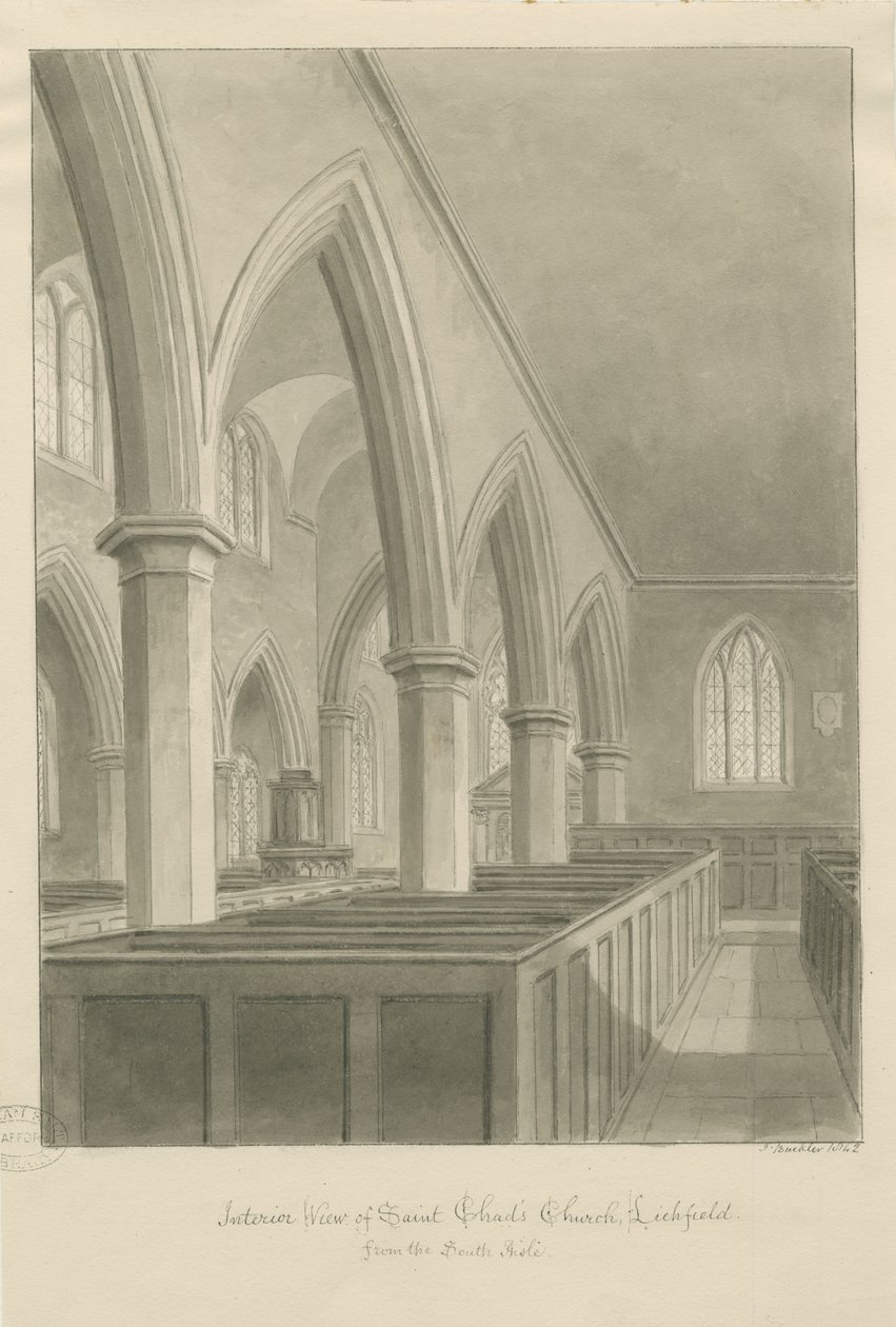 Lichfield - Interior da Igreja de St. Chad: desenho sépia de John Buckler