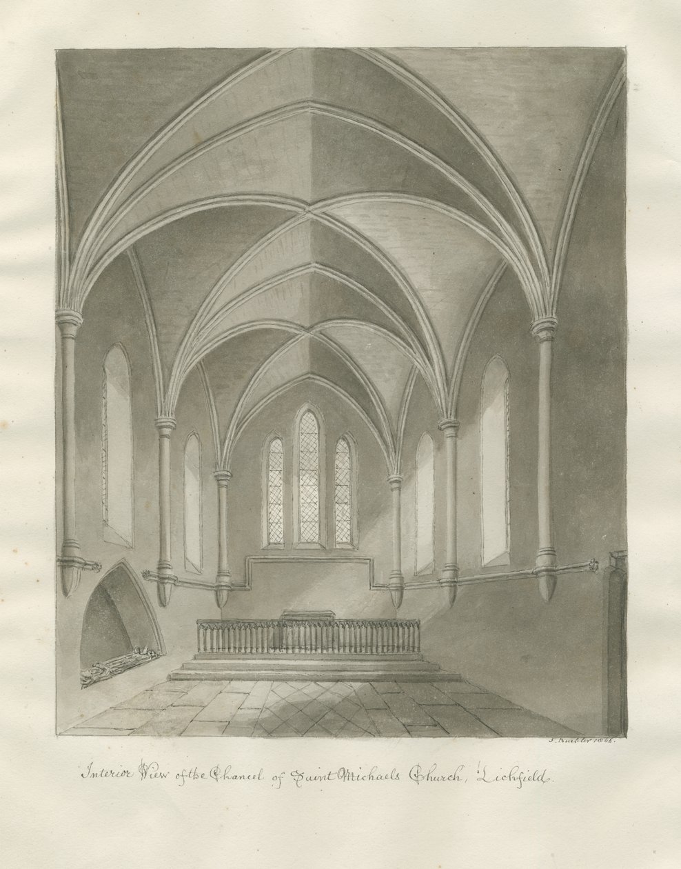 Lichfield - Interior da Igreja de São Miguel: desenho sépia de John Buckler