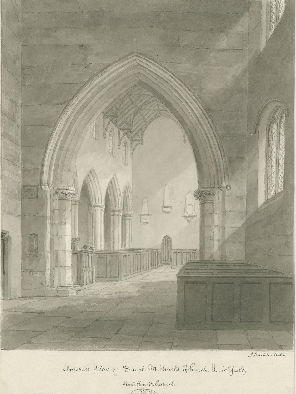 Lichfield - Interior da Igreja de São Miguel: desenho sépia de John Buckler