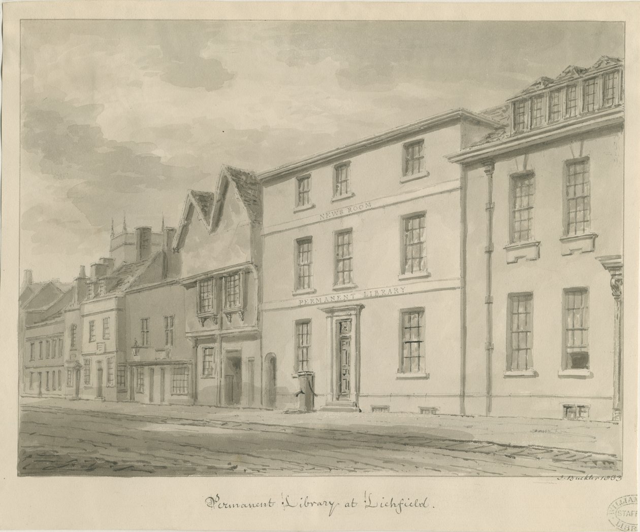 Lichfield - Biblioteca: desenho em sépia, 1833 de John Buckler