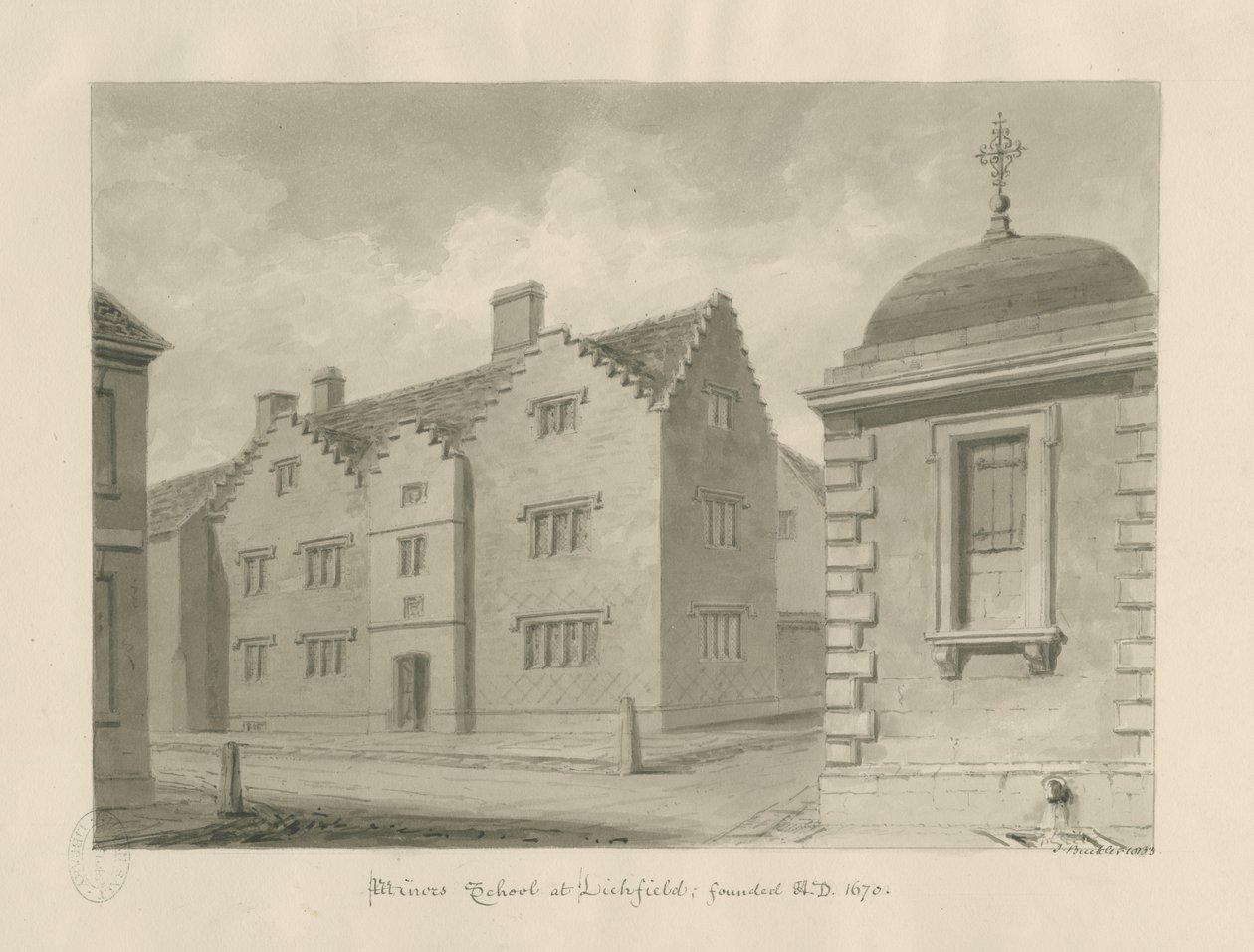 Lichfield - Escola de Menores: desenho sépia de John Buckler