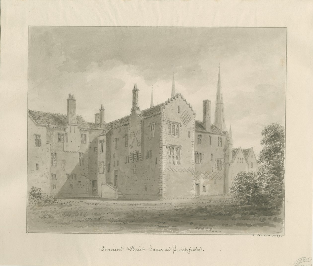 Lichfield - Casa Antiga no Encerramento: desenho sépia de John Buckler