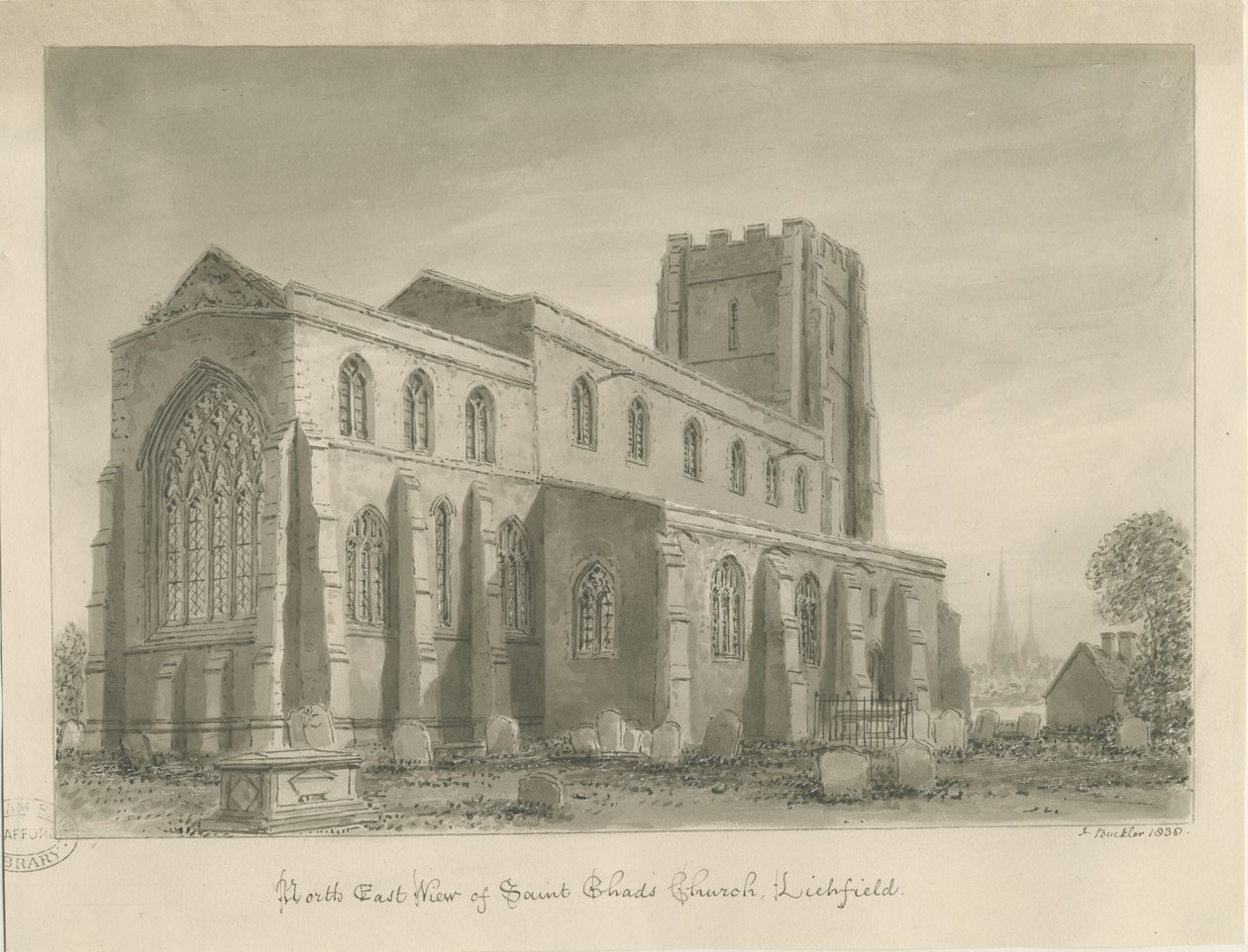 Lichfield - Igreja de St. Chad: desenho sépia de John Buckler