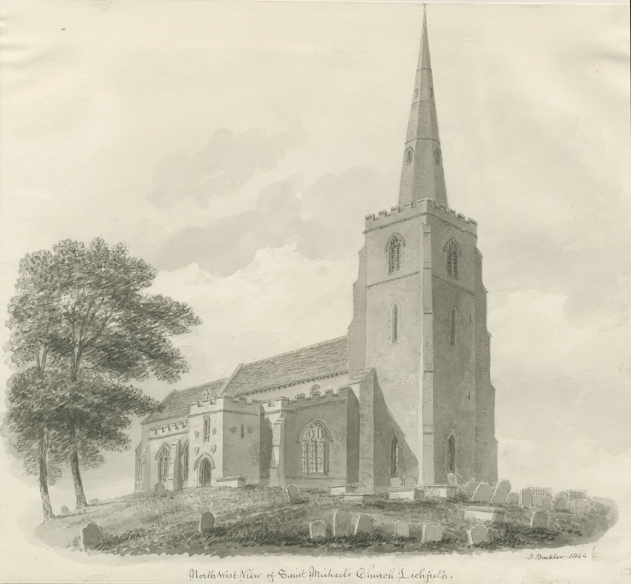 Lichfield - Igreja de São Miguel: desenho sépia de John Buckler