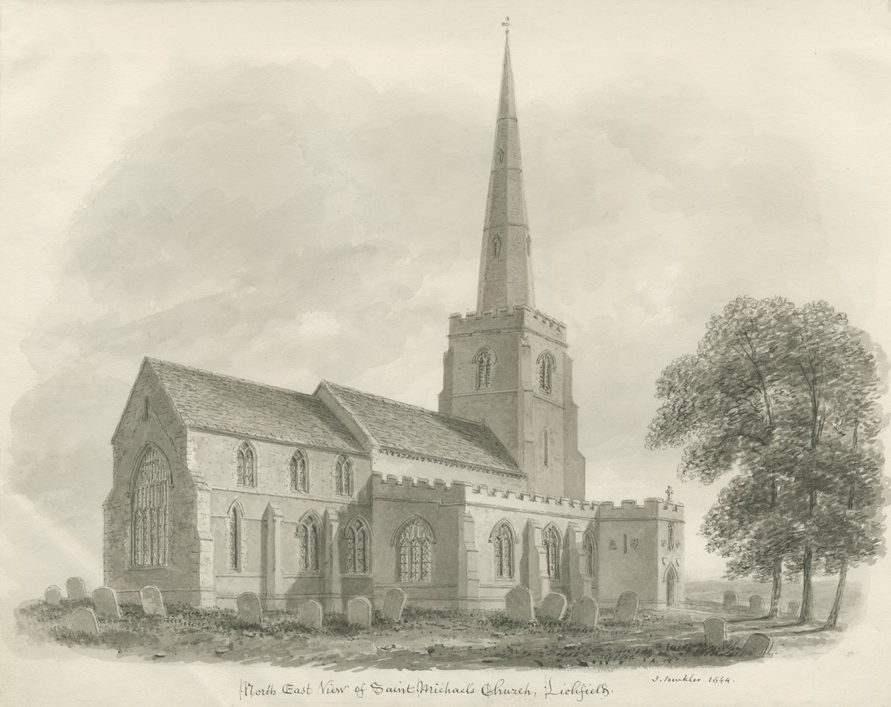 Lichfield - Igreja de São Miguel: desenho sépia de John Buckler