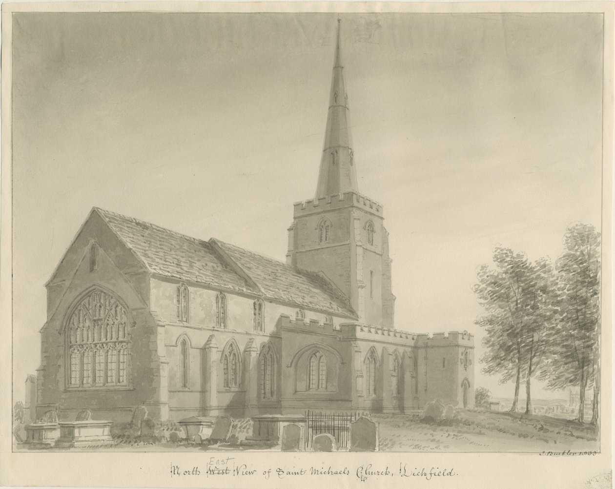 Lichfield - Igreja de São Miguel: desenho sépia de John Buckler