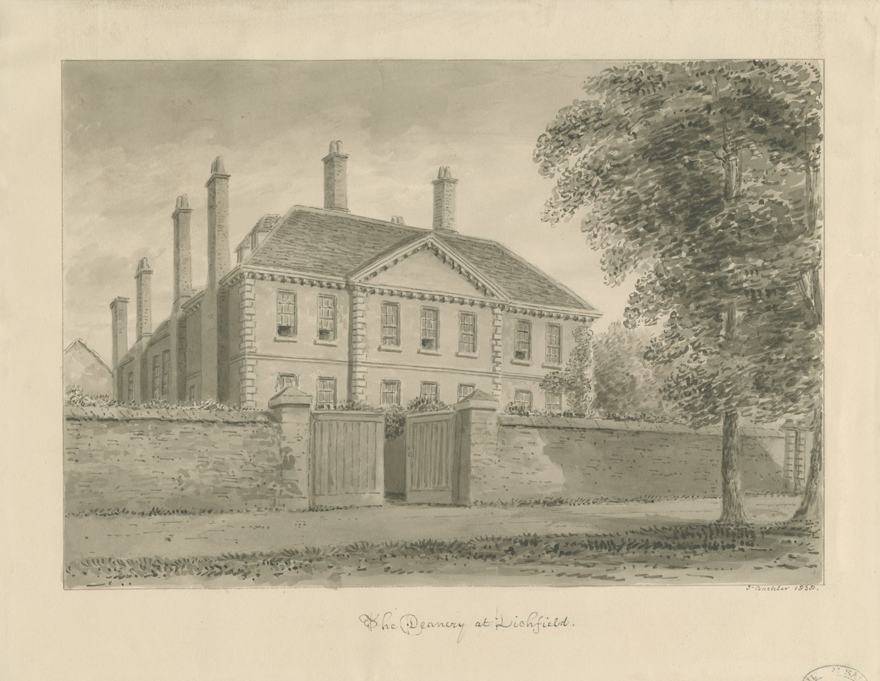 Lichfield - a reitoria no fim: desenho em sépia, 1838 de John Buckler