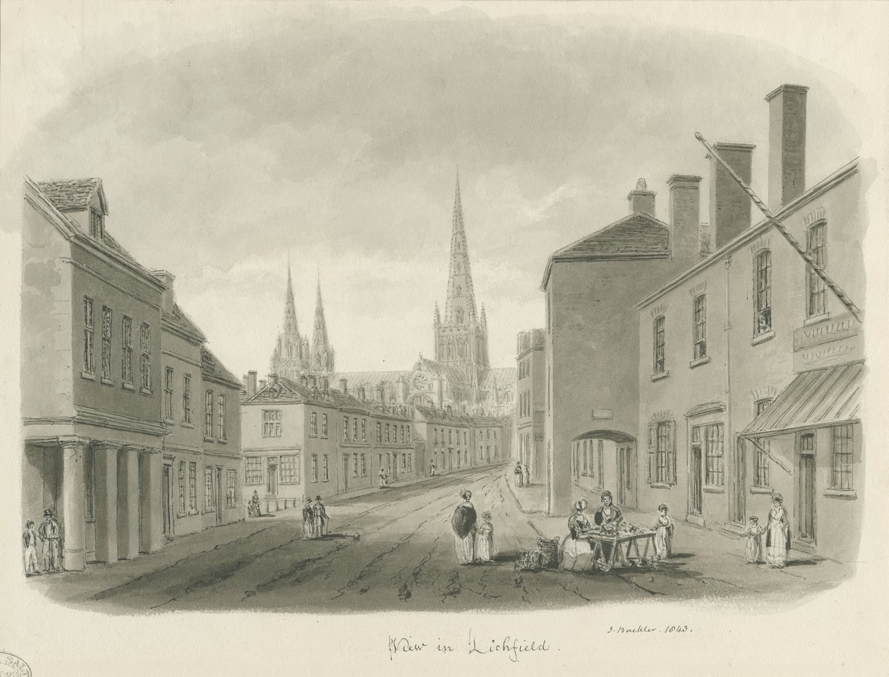 Lichfield - Vista da rua: desenho em sépia, 1843 de John Buckler
