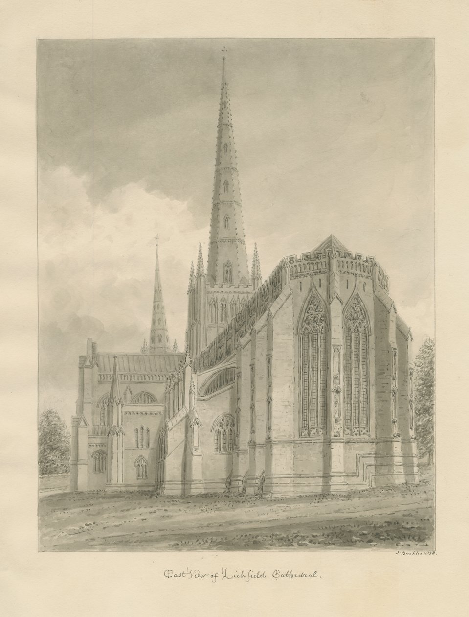 Catedral de Lichfield - vista leste: desenho em sépia, 1838 de John Buckler