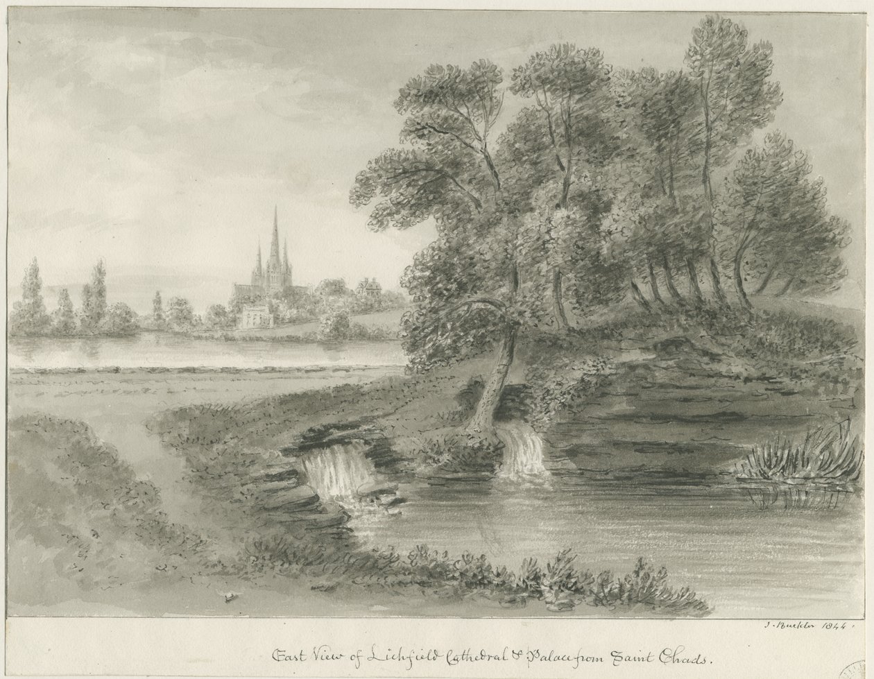 Catedral de Lichfield - Vista leste: desenho em sépia, 1844 de John Buckler