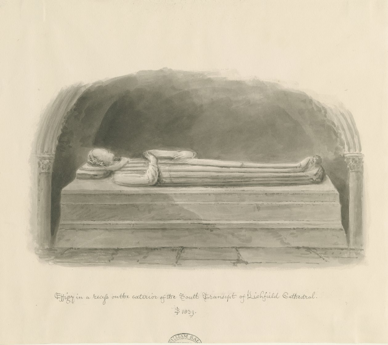 Catedral de Lichfield - Efígie [pessoa desconhecida]: desenho em sépia de John Buckler