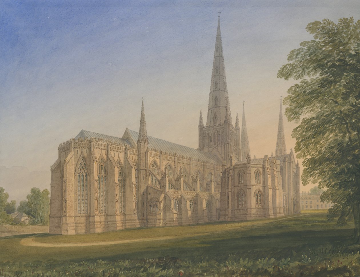 Catedral de Lichfield - Vista nordeste: pintura em aquarela, nd [1770-1851] de John Buckler