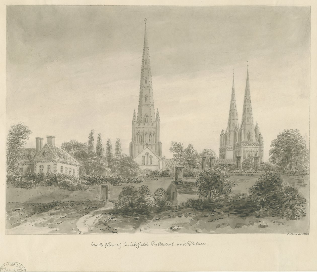 Catedral de Lichfield - vista norte: desenho em sépia, 1838 de John Buckler