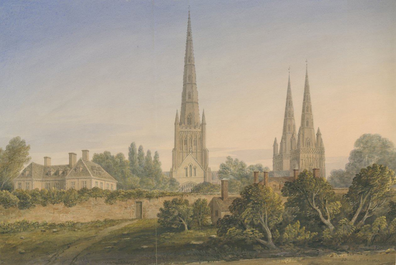 Catedral de Lichfield - Vista Norte: pintura a aquarela, 1841 de John Buckler