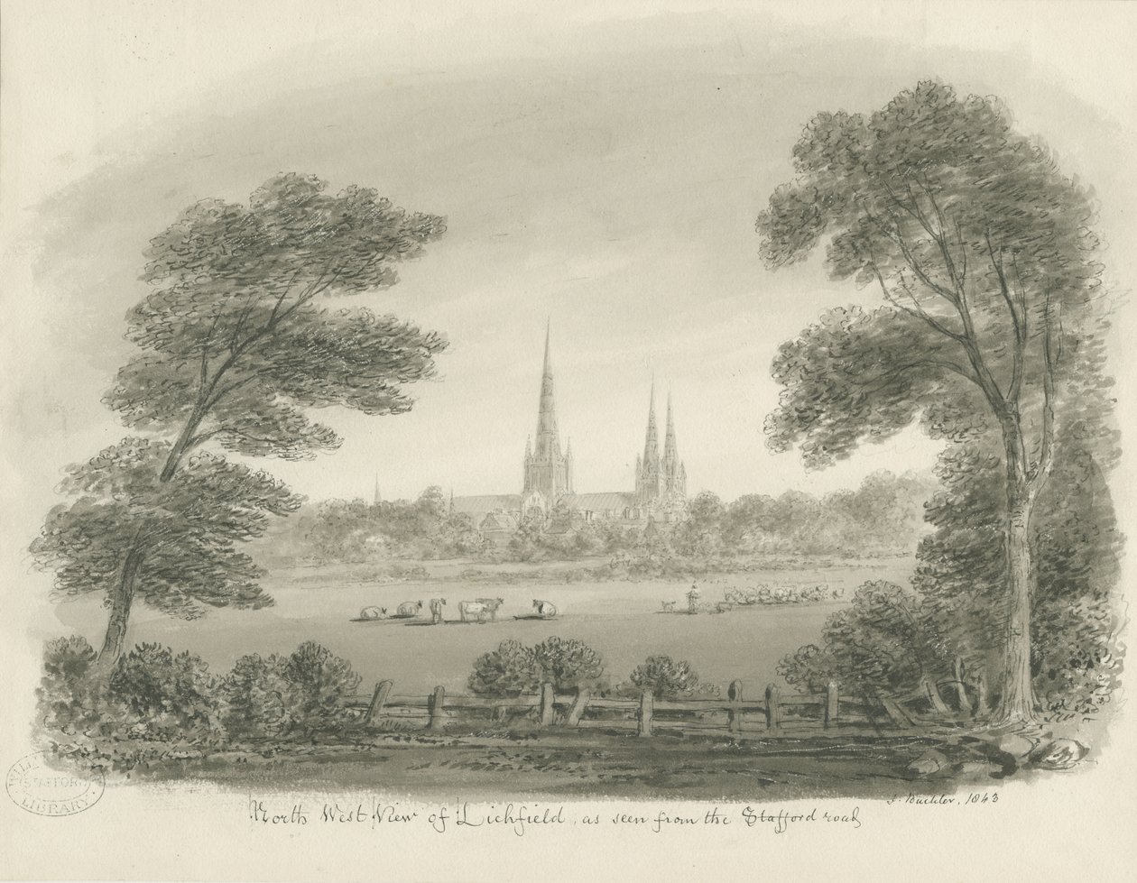 Catedral de Lichfield - Vista Noroeste (distante): desenho sépia de John Buckler