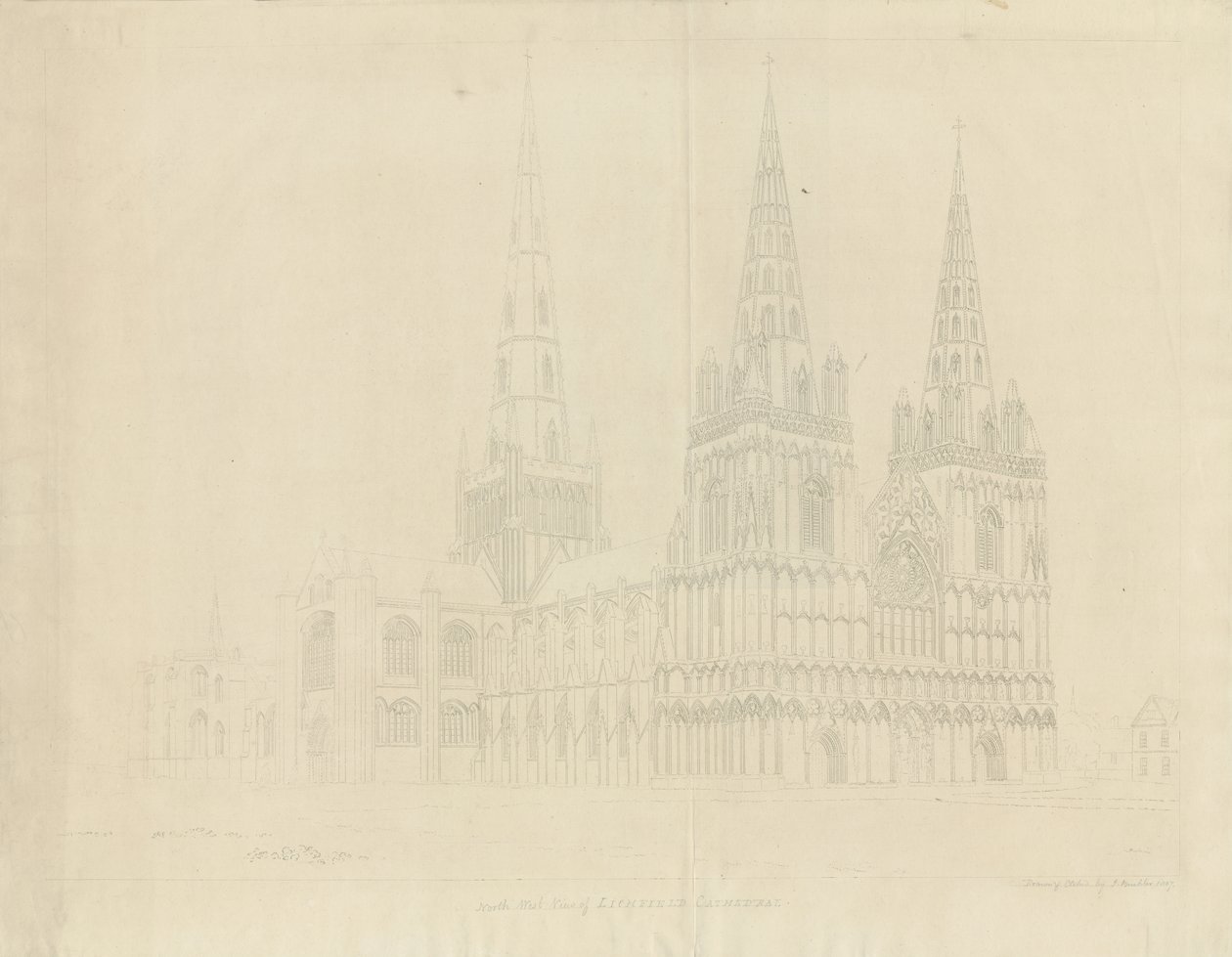 Catedral de Lichfield - Noroeste Vista: gravura, 1807 de John Buckler
