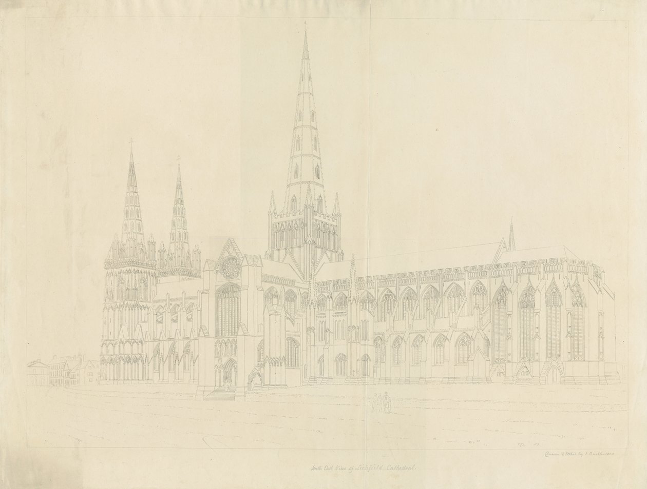 Catedral de Lichfield - Vista sudeste: esboço de gravura, nd [1808] de John Buckler