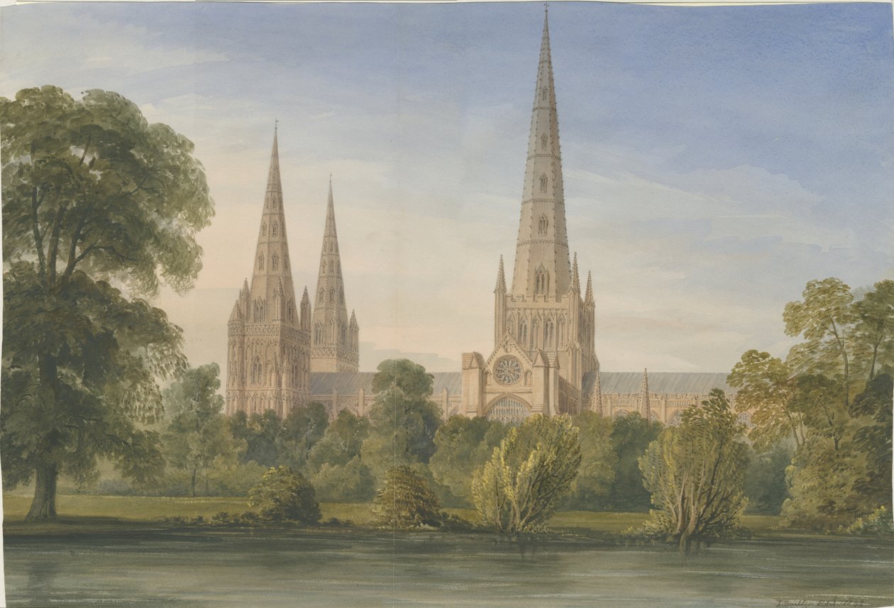 Catedral de Lichfield - Sudeste do sudeste Vista: pintura em aquarela, 1842 de John Buckler