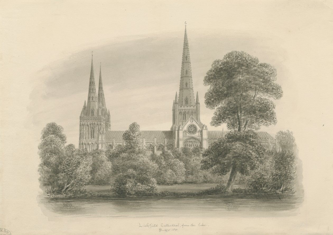 Catedral de Lichfield - vista sul: desenho em sépia, 1841 de John Buckler