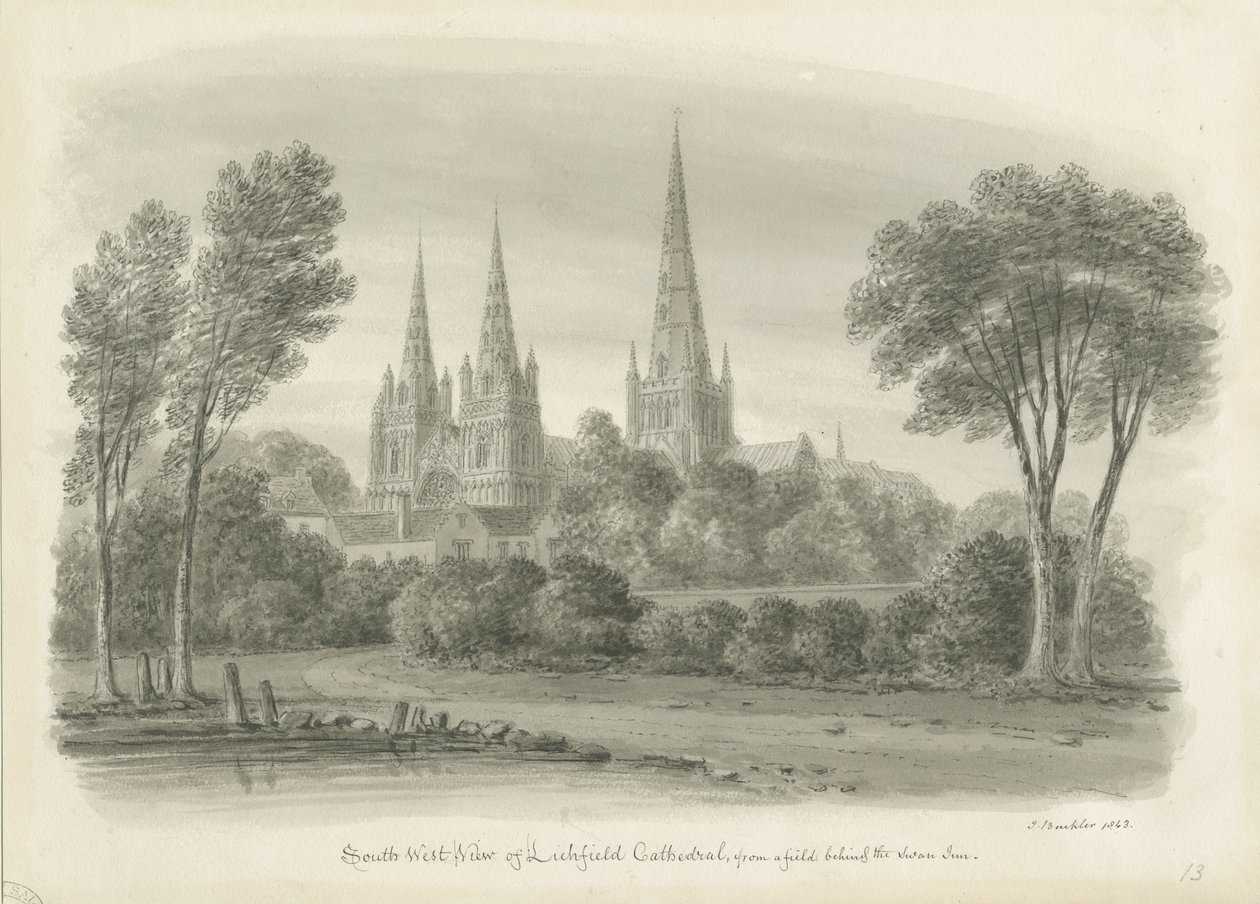 Catedral de Lichfield - Vista Sudoeste: desenho sépia de John Buckler