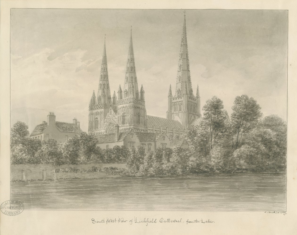 Catedral de Lichfield - Vista sudoeste: desenho em sépia de John Buckler