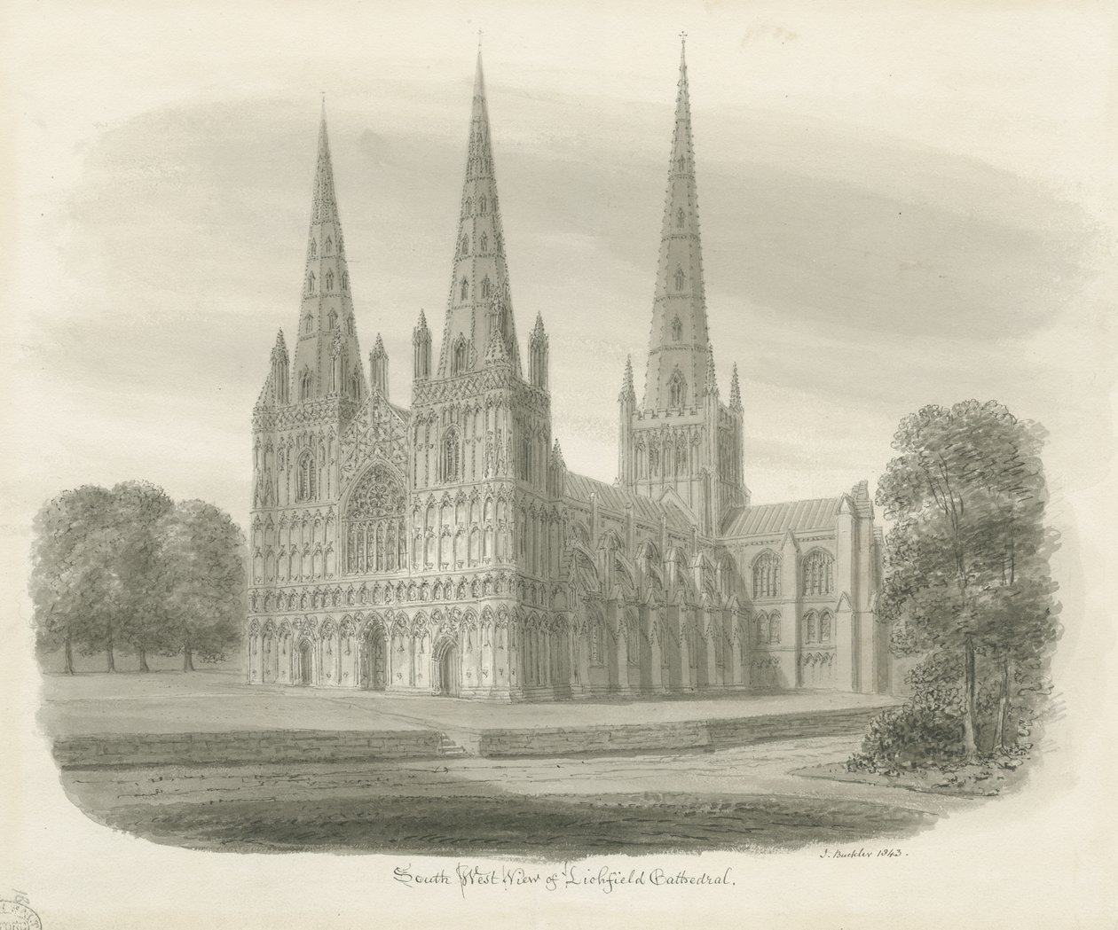Catedral de Lichfield - Vista sudoeste: desenho em sépia de John Buckler