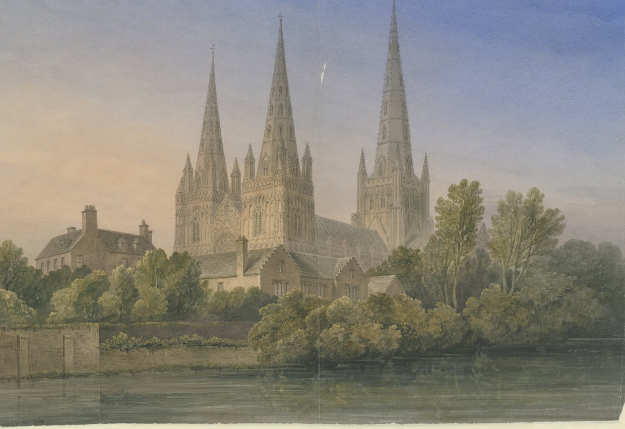 Catedral de Lichfield - Sudoeste Vista: pintura em aquarela, 1839 de John Buckler
