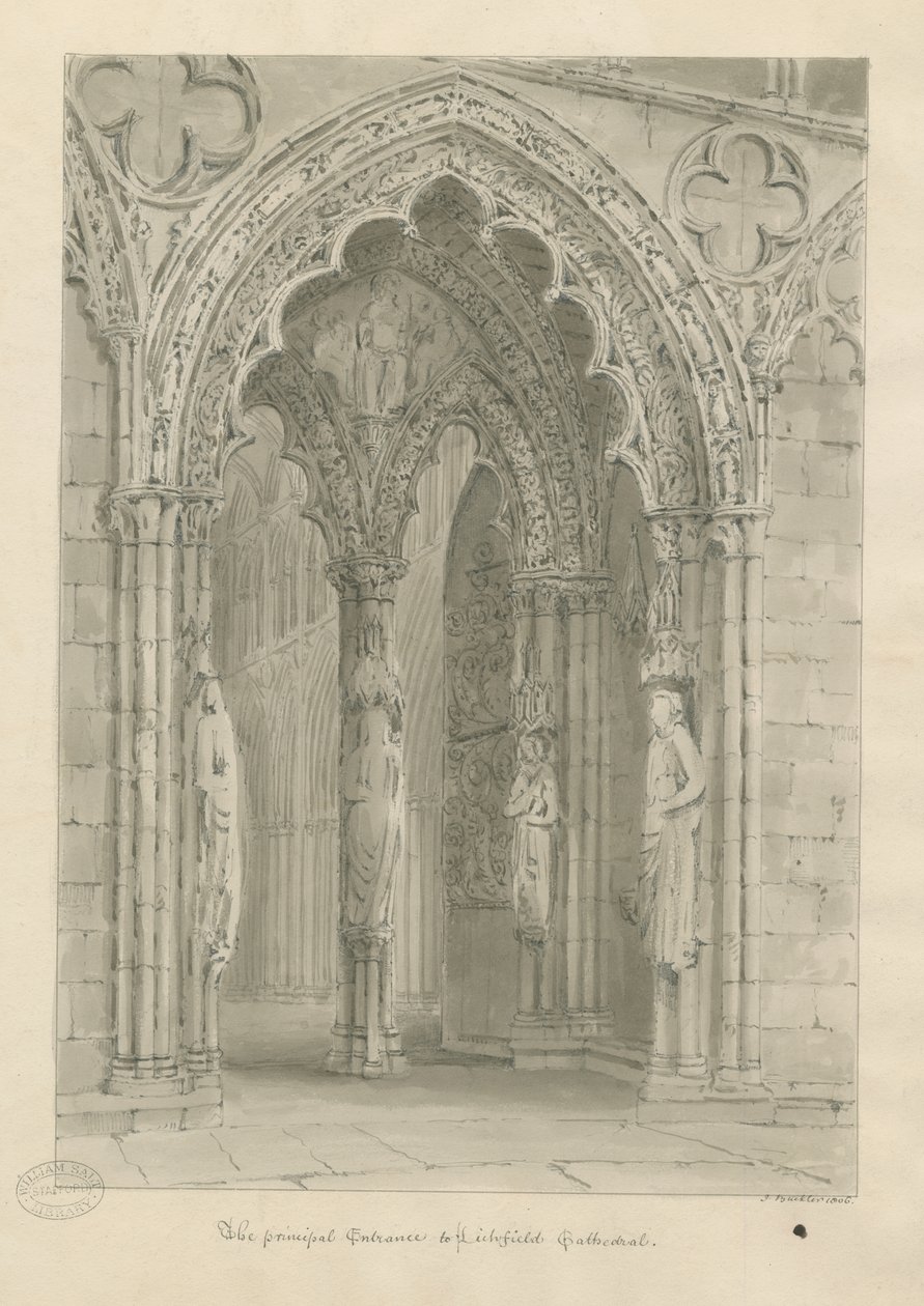 Catedral de Lichfield - Porta Oeste: desenho sépia de John Buckler