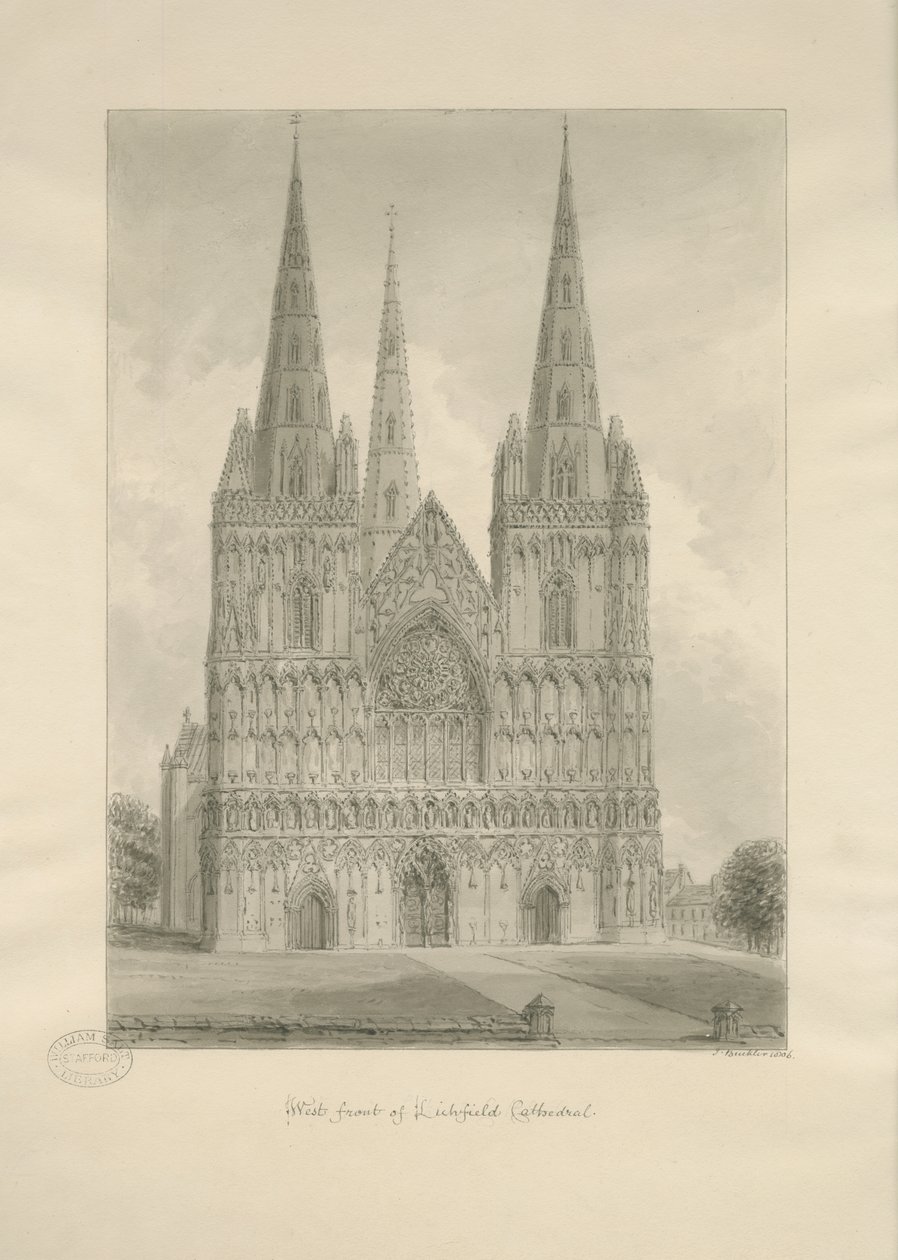 Catedral de Lichfield - frente oeste: desenho em sépia, 1806 de John Buckler