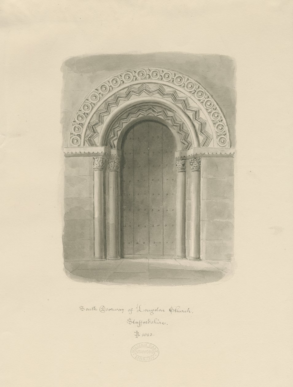 Igreja Longdon - Porta Sul: desenho sépia de John Buckler