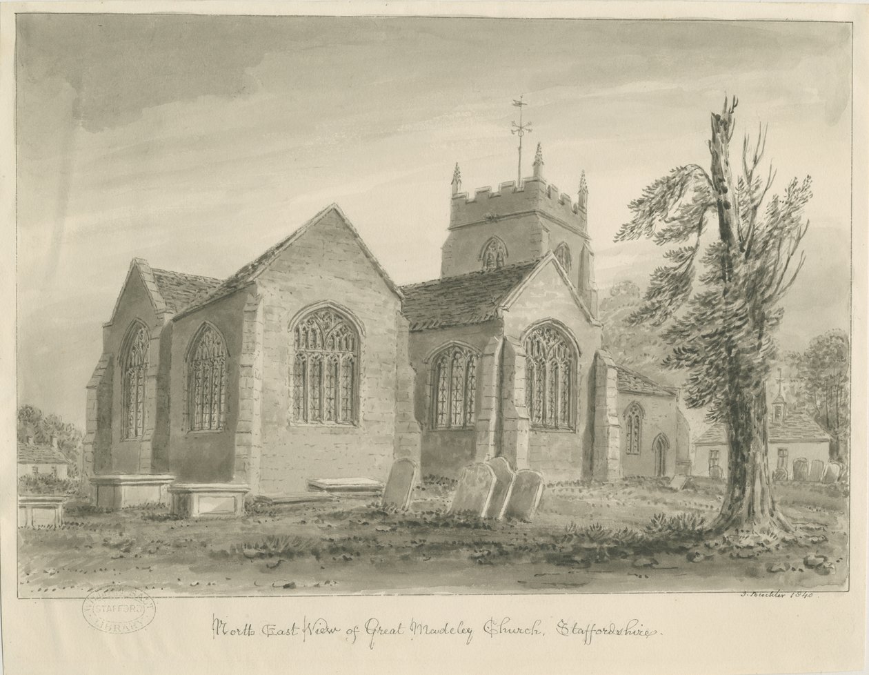 Igreja Madeley: desenho de lavagem sépia de John Buckler