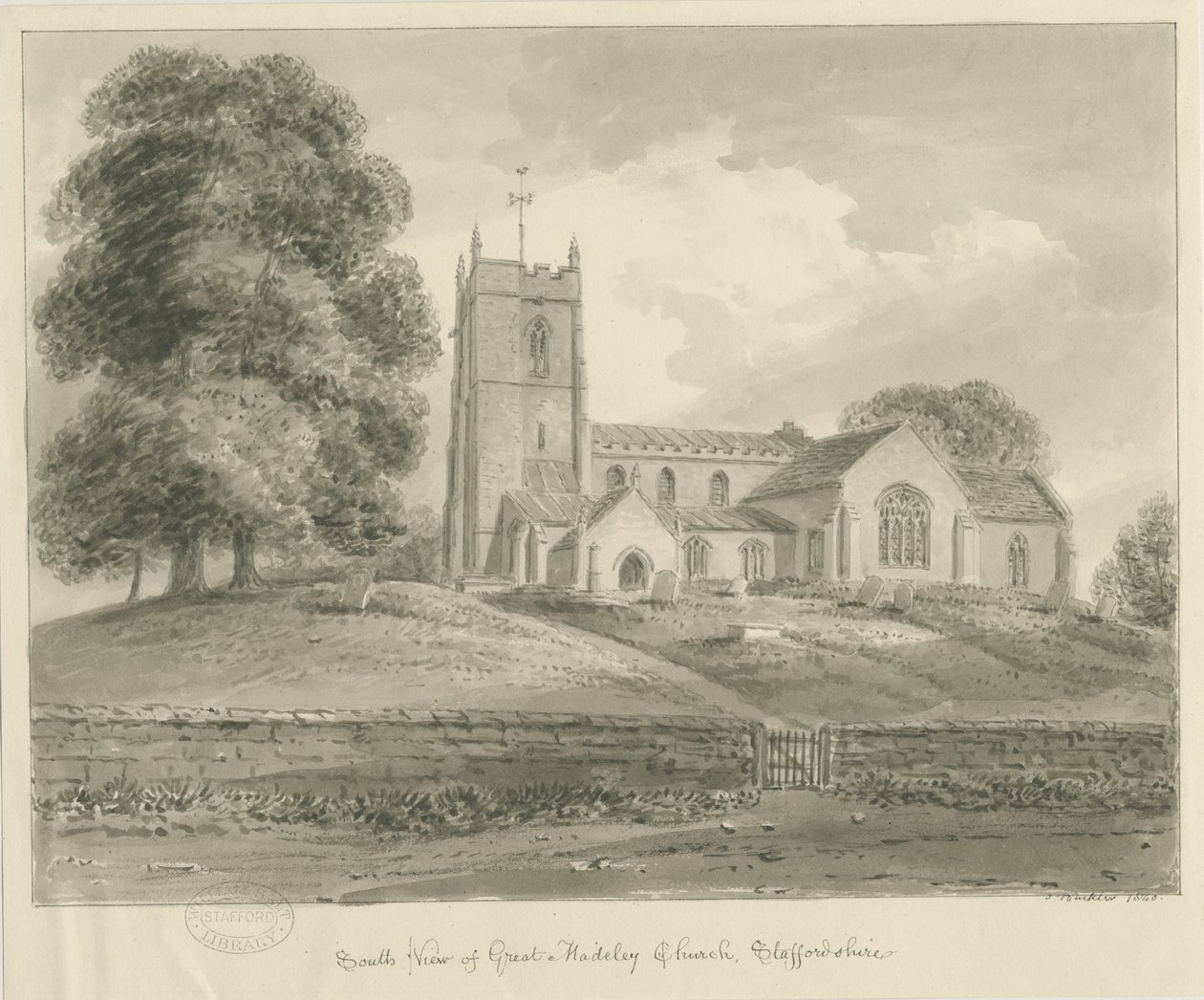 Igreja Madeley: desenho de lavagem sépia de John Buckler