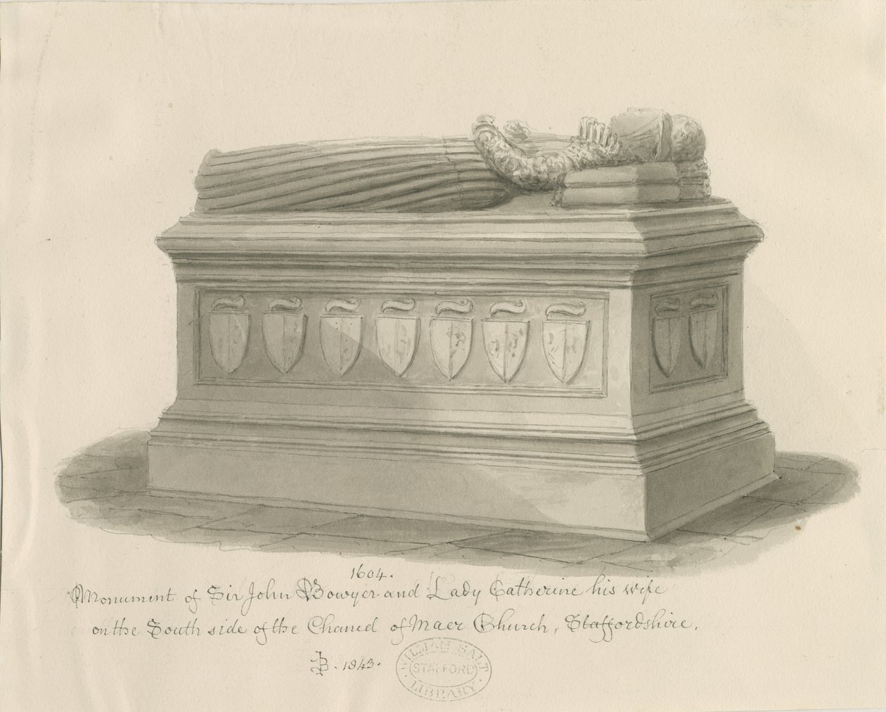 Igreja Maer - Monumento a Sir John Bowyer e Lady Catherine: desenho em sépia, 1843 de John Buckler