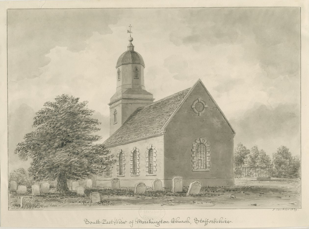 Igreja Marchington: desenho sépia de John Buckler