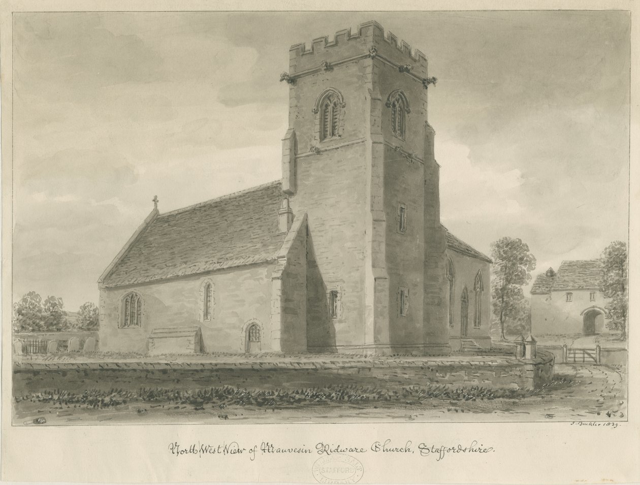 Igreja Mavesyn Ridware: desenho em sépia, 1839 de John Buckler