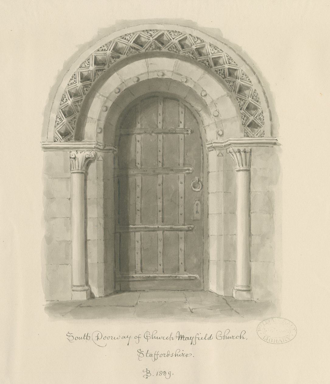 Igreja Mayfield - Porta Sul: desenho em sépia, 1839 de John Buckler