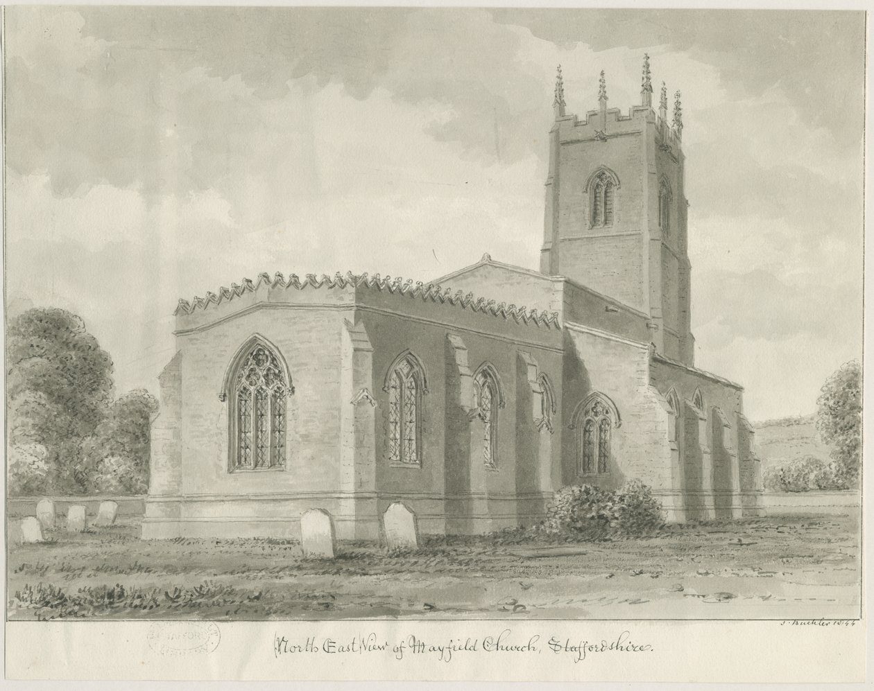 Igreja Mayfield: desenho sépia, 1844 de John Buckler