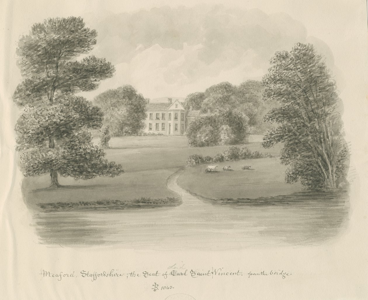Meaford Hall: desenho de lavagem sépia de John Buckler