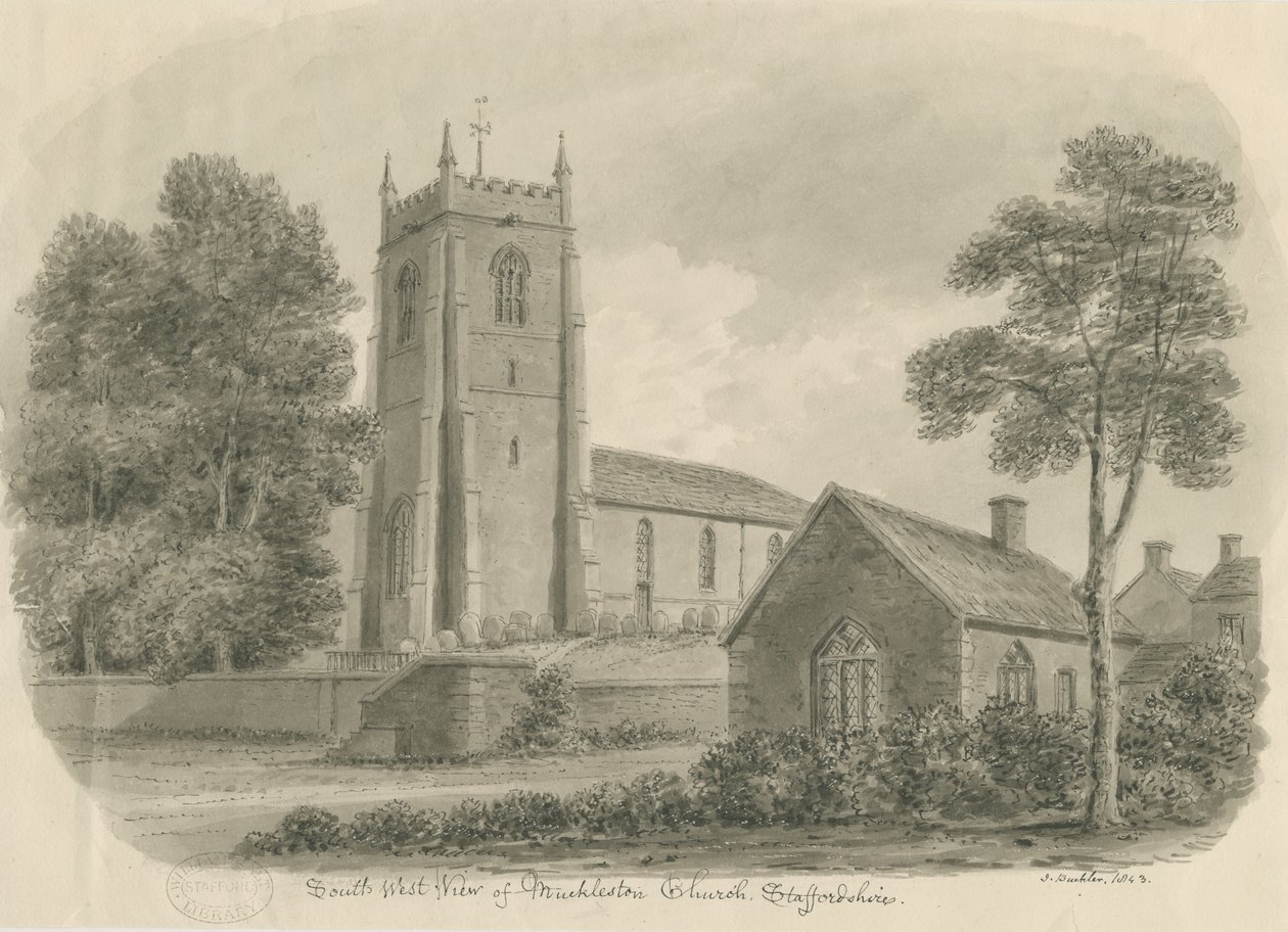 Igreja Mucklestone: desenho lavado em sépia de John Buckler